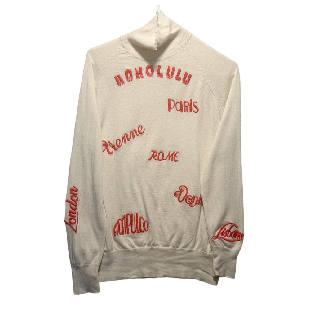VICTORIAVICTORIA BECKHAM 100% wool cream red city embroidered turtleneck sweater